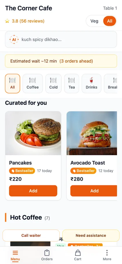 The guest menu on a phone showing the cafe name, its rating, a live wait estimate, category chips and photo dish cards